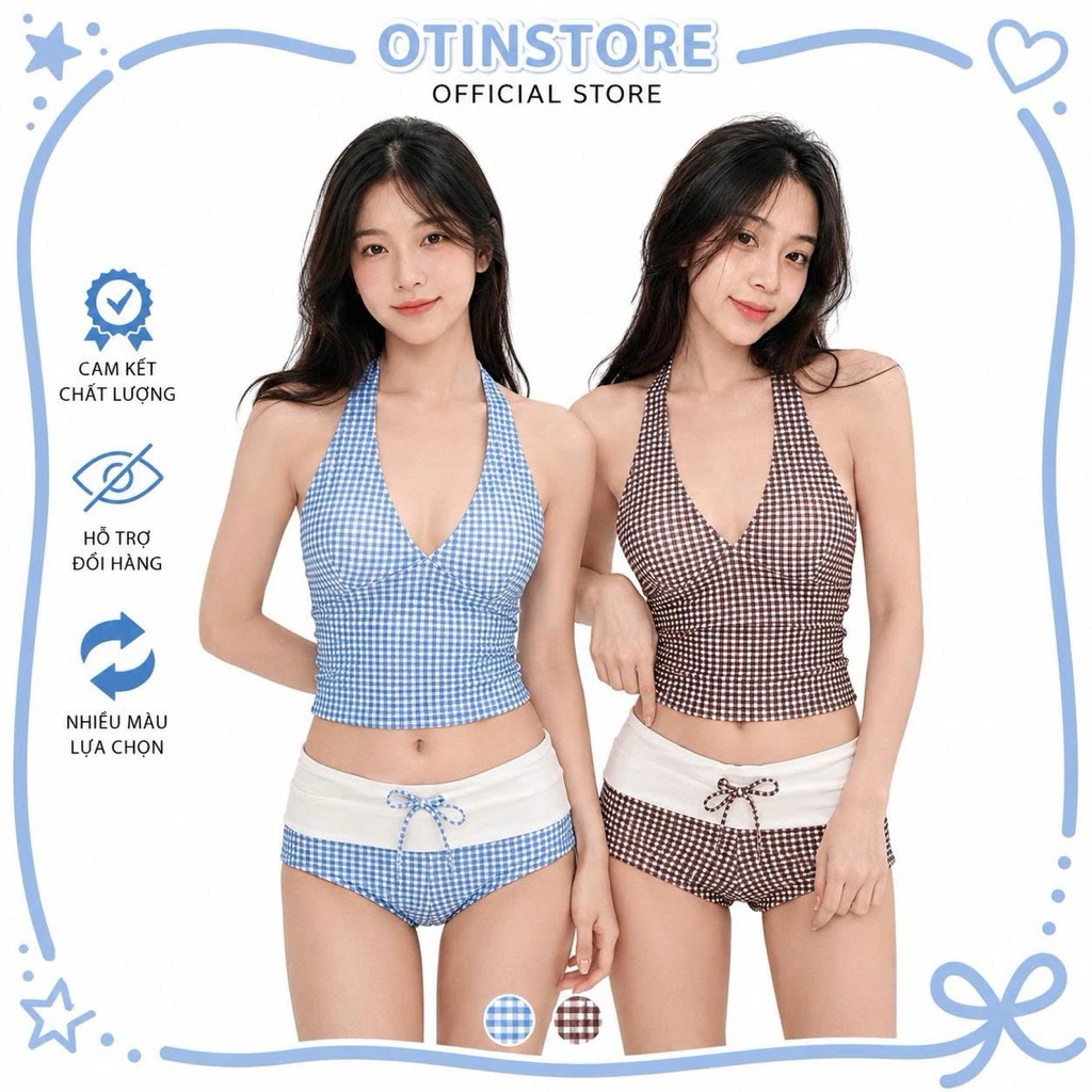 [ẢNH THẬT- HÀNG SẴN ]-OTIN Hàng loại 1 Đồ bơi 2 Mảnh Kẻ Sọc Cổ V Quần Boxer Nữ Đi Biển Tôn Dán