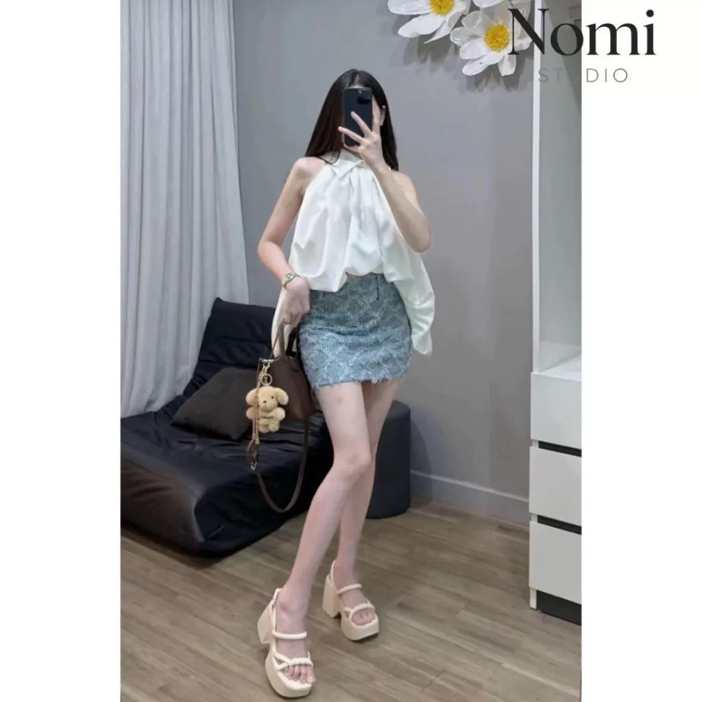 Set Áo Cổ Yếm Bẻ Sát Nách Dáng Phồng Kèm Chân Váy Ngắn Xanh Họa Tiết, Bộ Đồ Nữ Đi Chơi - CHAMIE STUDIO