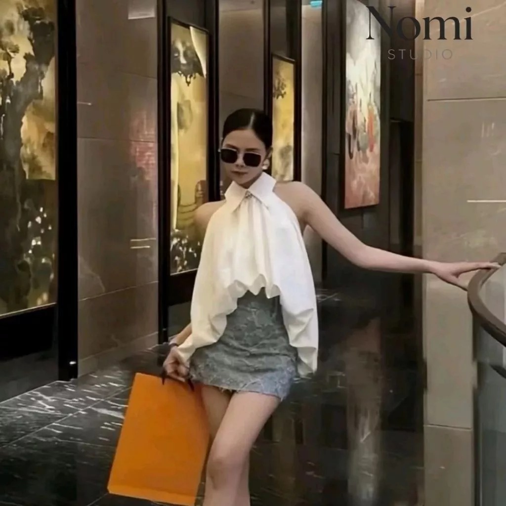 Set Áo Cổ Yếm Bẻ Sát Nách Dáng Phồng Kèm Chân Váy Ngắn Xanh Họa Tiết, Bộ Đồ Nữ Đi Chơi - CHAMIE STUDIO