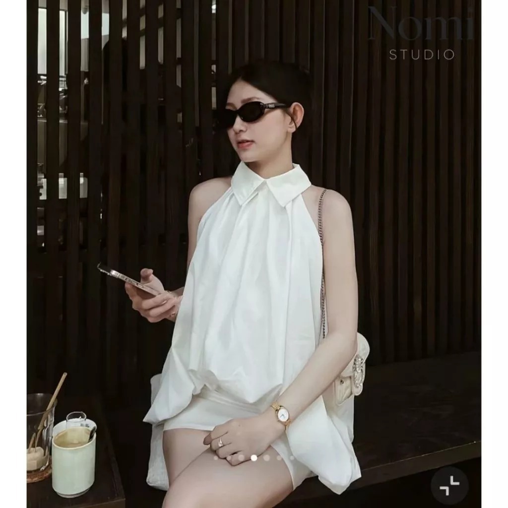 Set Áo Cổ Yếm Bẻ Sát Nách Dáng Phồng Kèm Chân Váy Ngắn Xanh Họa Tiết, Bộ Đồ Nữ Đi Chơi - CHAMIE STUDIO