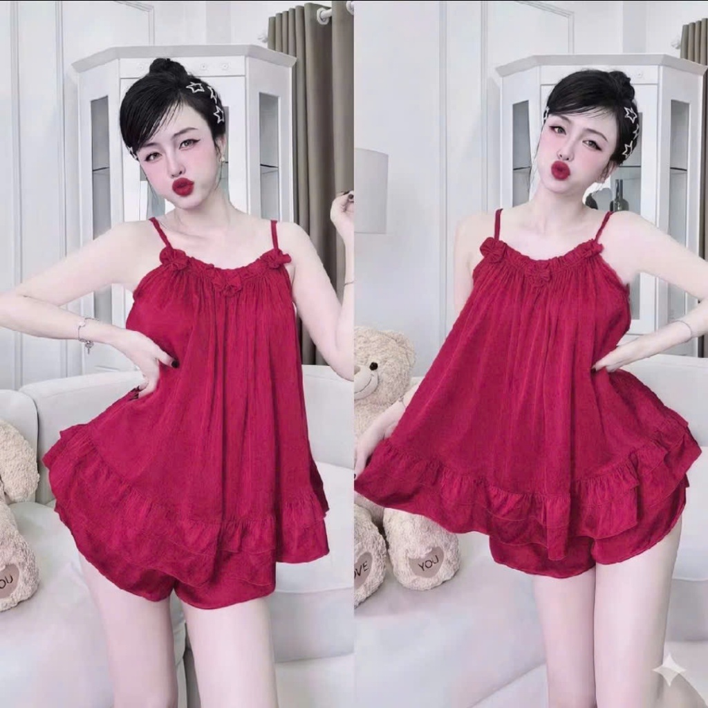 Đồ bộ ngủ 2 dây, bộ đồ ngủ mặc nhà quần đùi chất lụa mềm mát CARY