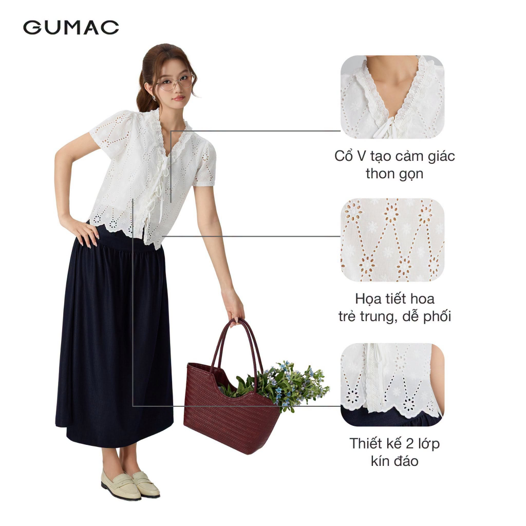 Áo Kiểu Nữ GUMAC Form Suông Lửng Tay Ngắn Cột Dây Cổ V Viền Ren Chất Xô Hoa 2 Lớp Nhẹ Nhàng YAG05062