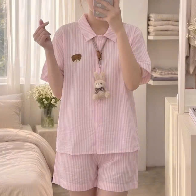 Đồ Ngủ Nữ Pijama Kẻ Sọc Tay Ngắn Quần Short Dễ Thương Mặc Nhà Thoáng Mát Có Cả Bigsize - PINK