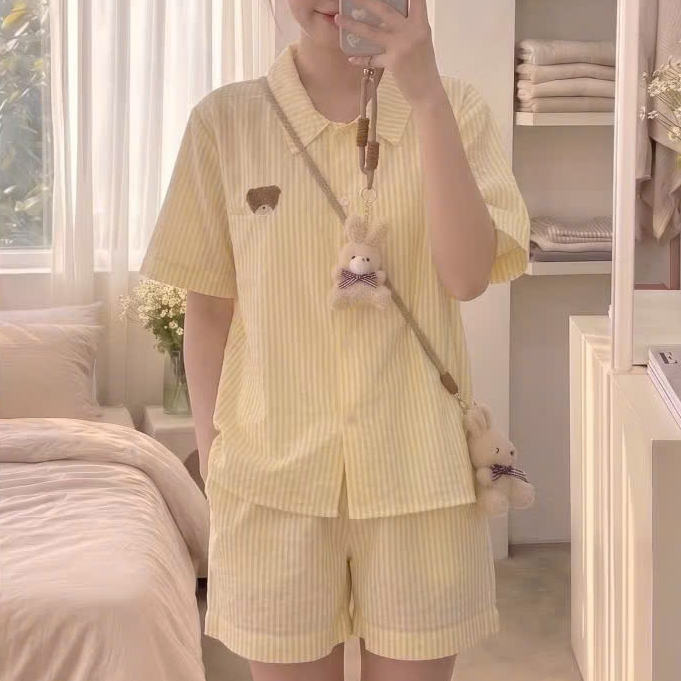 Đồ Ngủ Nữ Pijama Kẻ Sọc Tay Ngắn Quần Short Dễ Thương Mặc Nhà Thoáng Mát Có Cả Bigsize - PINK