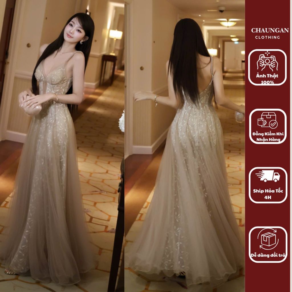 Đầm Ren Lá Xoắn Vai Dáng Dài Dự Tiệc Chuẩn TRÂN ALI Đầm Tulle Xòe Có Đuôi Sang Trọng