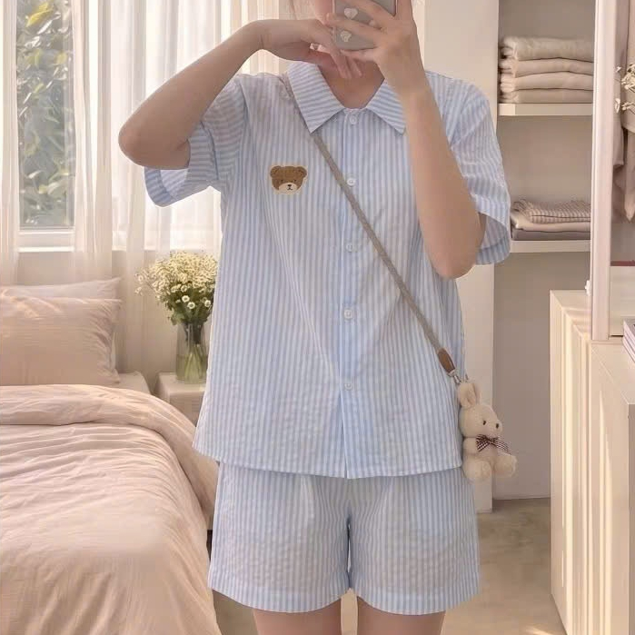 Đồ Ngủ Nữ Pijama Kẻ Sọc Tay Ngắn Quần Short Dễ Thương Mặc Nhà Thoáng Mát Có Cả Bigsize - PINK