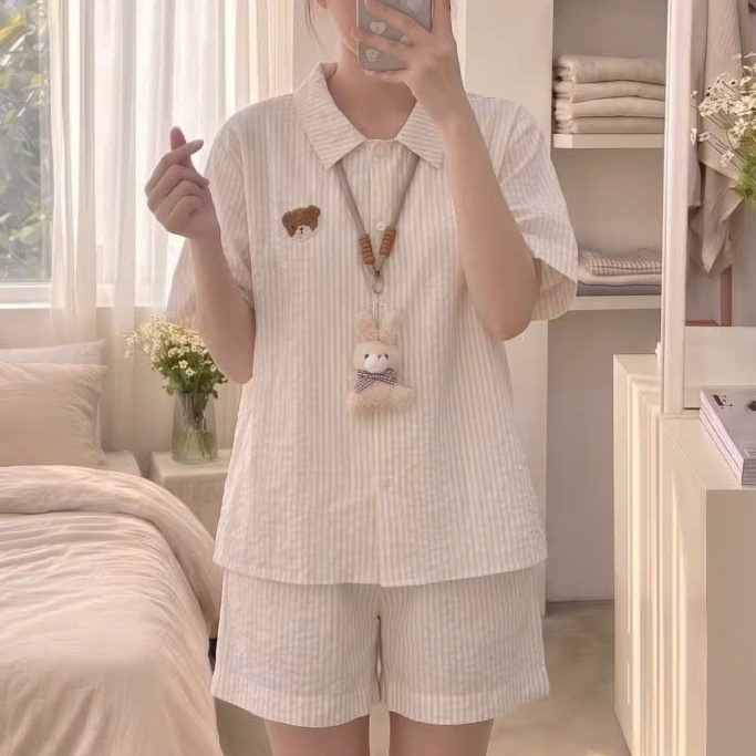 Đồ Ngủ Nữ Pijama Kẻ Sọc Tay Ngắn Quần Short Dễ Thương Mặc Nhà Thoáng Mát Có Cả Bigsize - PINK