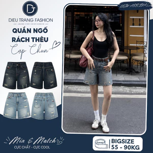 Quần Ngố Jean Nữ Rách Thêu Cạp Chun Lưng Cao Form Rộng Big Size 55-90Kg QC71 Diệu Trang Fashion