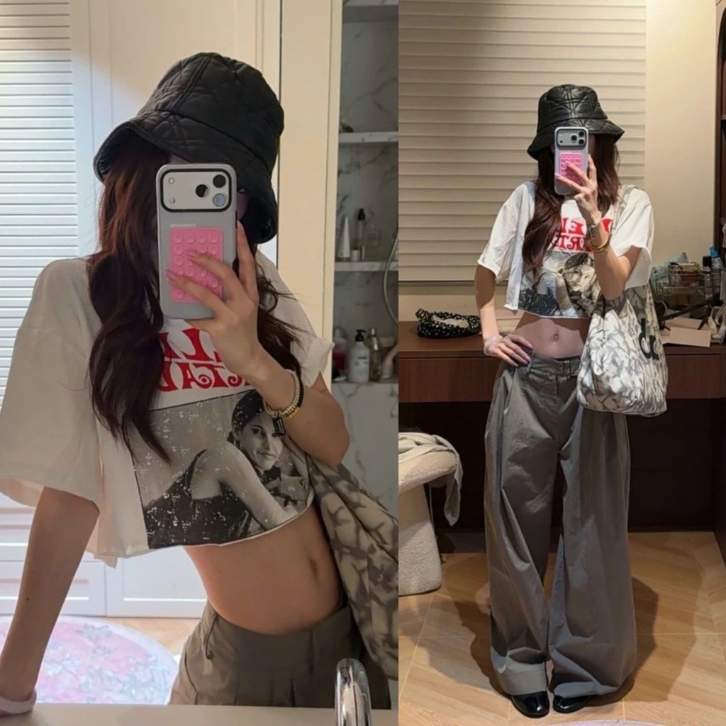 Áo ngắn tay croptop trắng hoạ tiết hình chữ đỏ chất cotton không viền ATNT030 - Tiktik