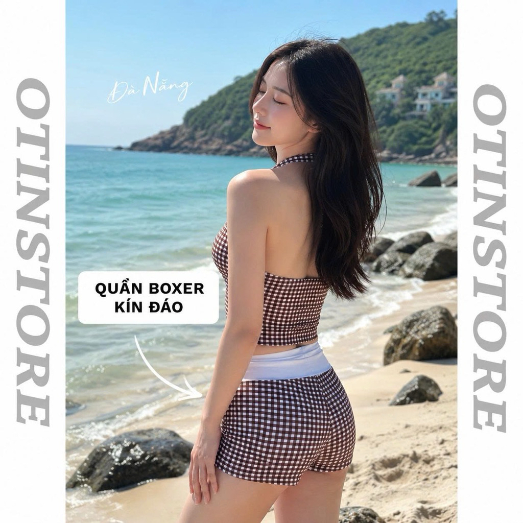 [ẢNH THẬT- HÀNG SẴN ]-OTIN Hàng loại 1 Đồ bơi 2 Mảnh Kẻ Sọc Cổ V Quần Boxer Nữ Đi Biển Tôn Dán