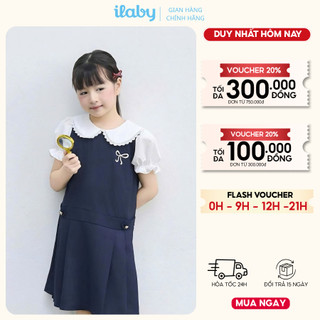 Váy đi học cho bé gái ILABY HCM thiết kế cổ sen tay bồng thêu nơ thanh lịch [3223]