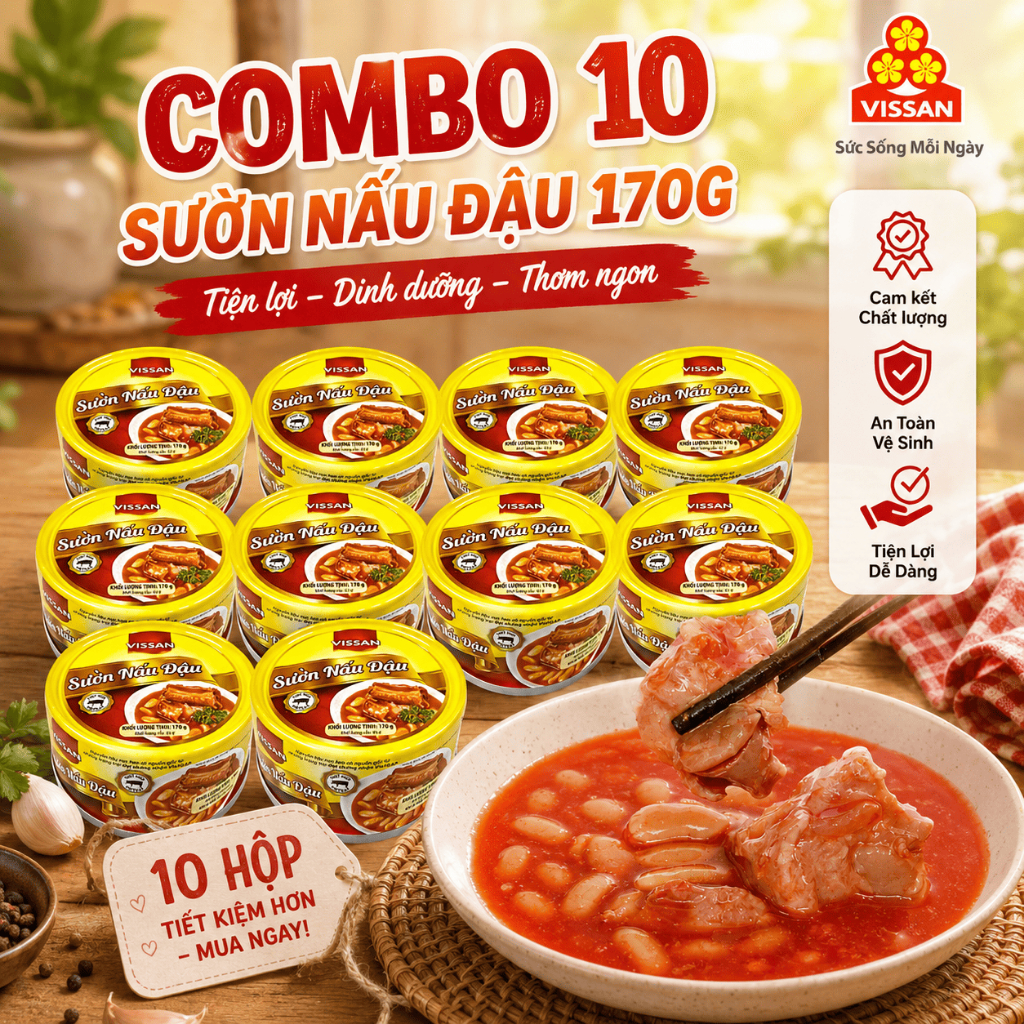 [Combo 10 Hộp] Sườn Nấu Đậu Vissan – Date 2028, HSD 36 Tháng, Ăn Liền Tiện Lợi
