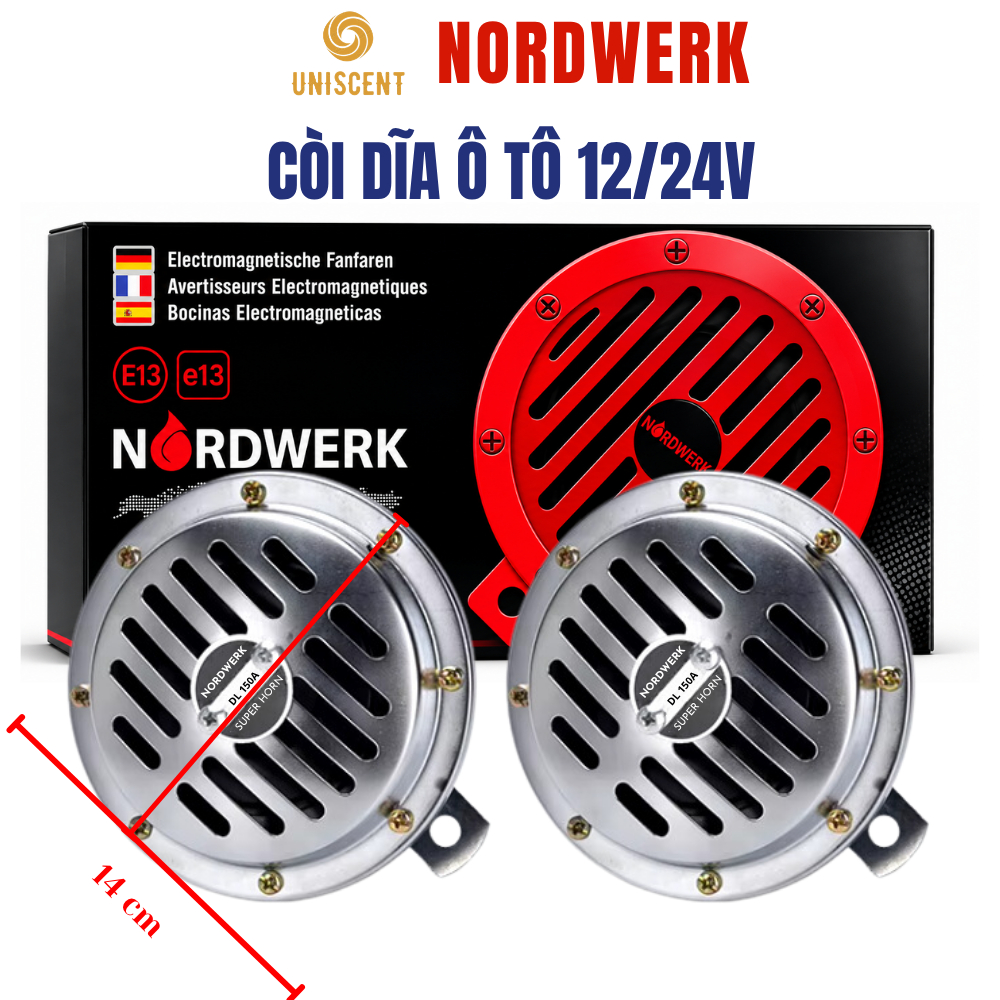 Còi Ô Tô/ Còi Xe Máy/ Kèn Đĩa/ Còi Ô Tô Lắp Xe Máy NORDWERK 12/24v- Made In Germany- Âm Lượng-125dB