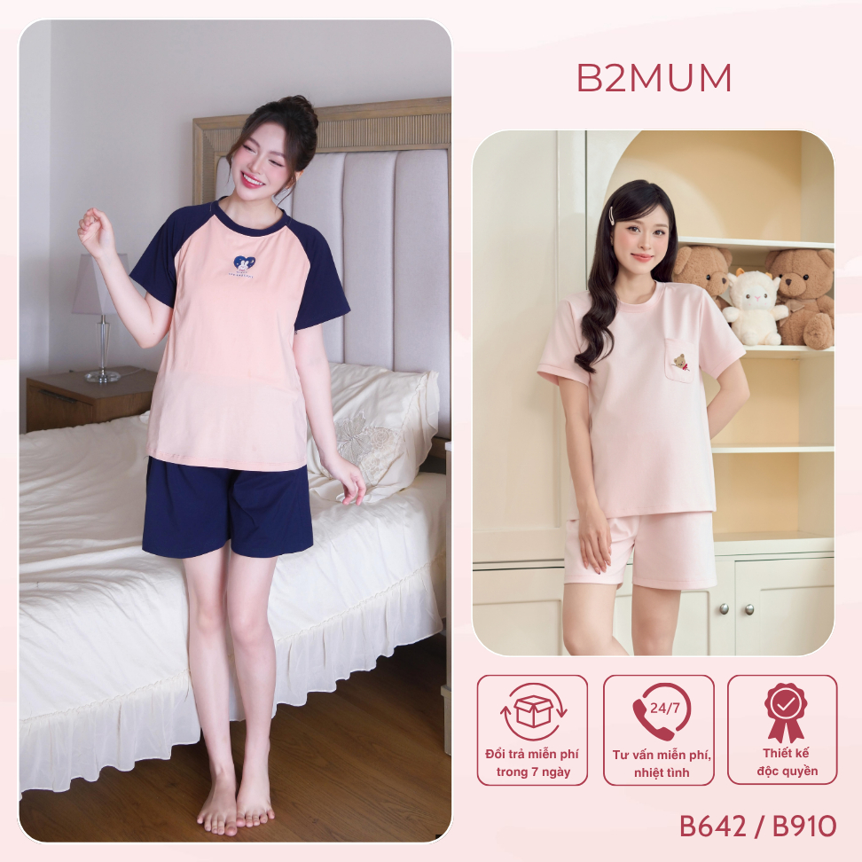 Bộ bầu mặc nhà và sau sinh chất cotton mềm, mát thoải mái cho nàng bầu quần có chun chỉnh B910 B642 B2MUM