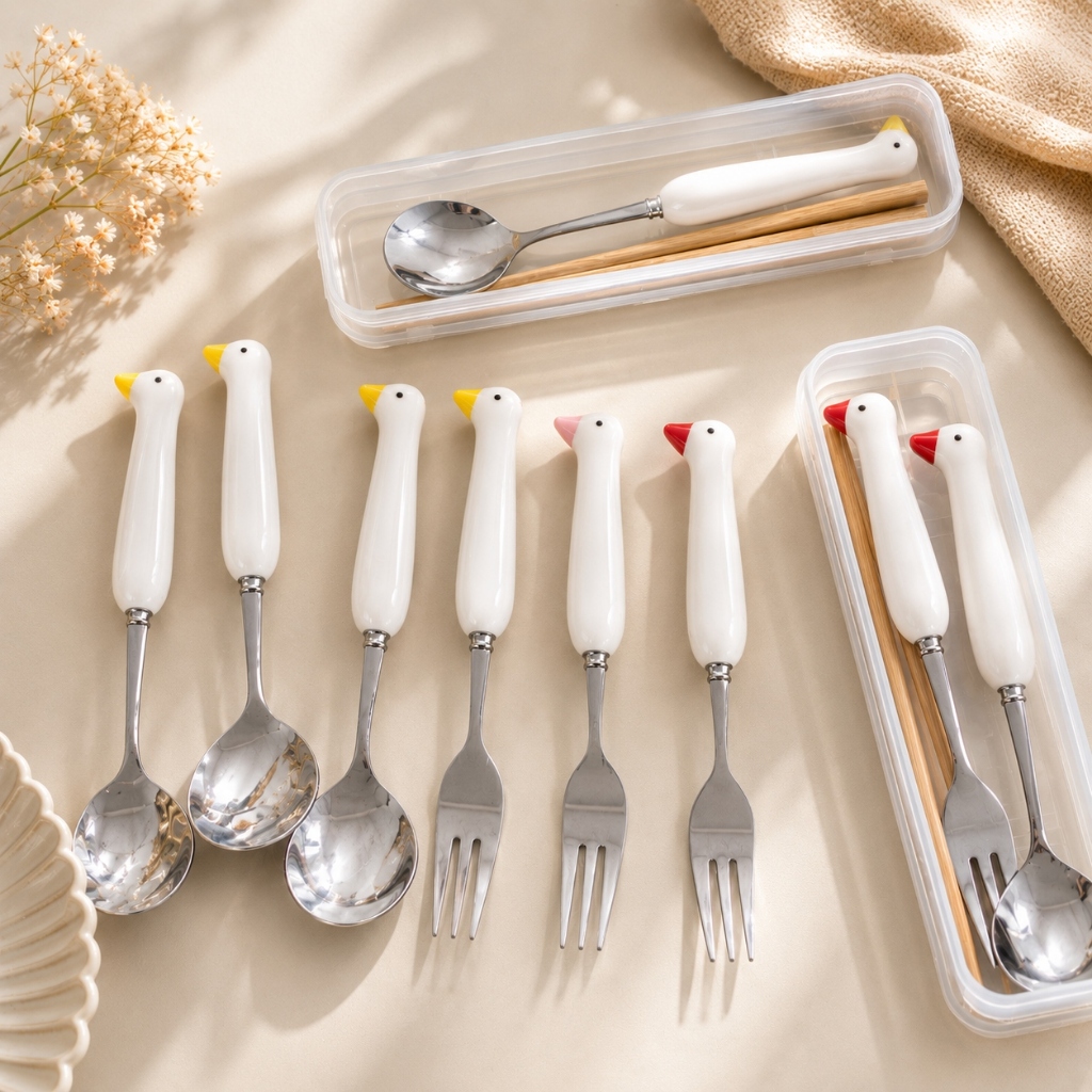 Bộ Muỗng Đũa Dĩa Hình Con Vịt Cute – Set Đồ Ăn Di Động Cho Trẻ Em, Sinh Viên & Văn Phòng