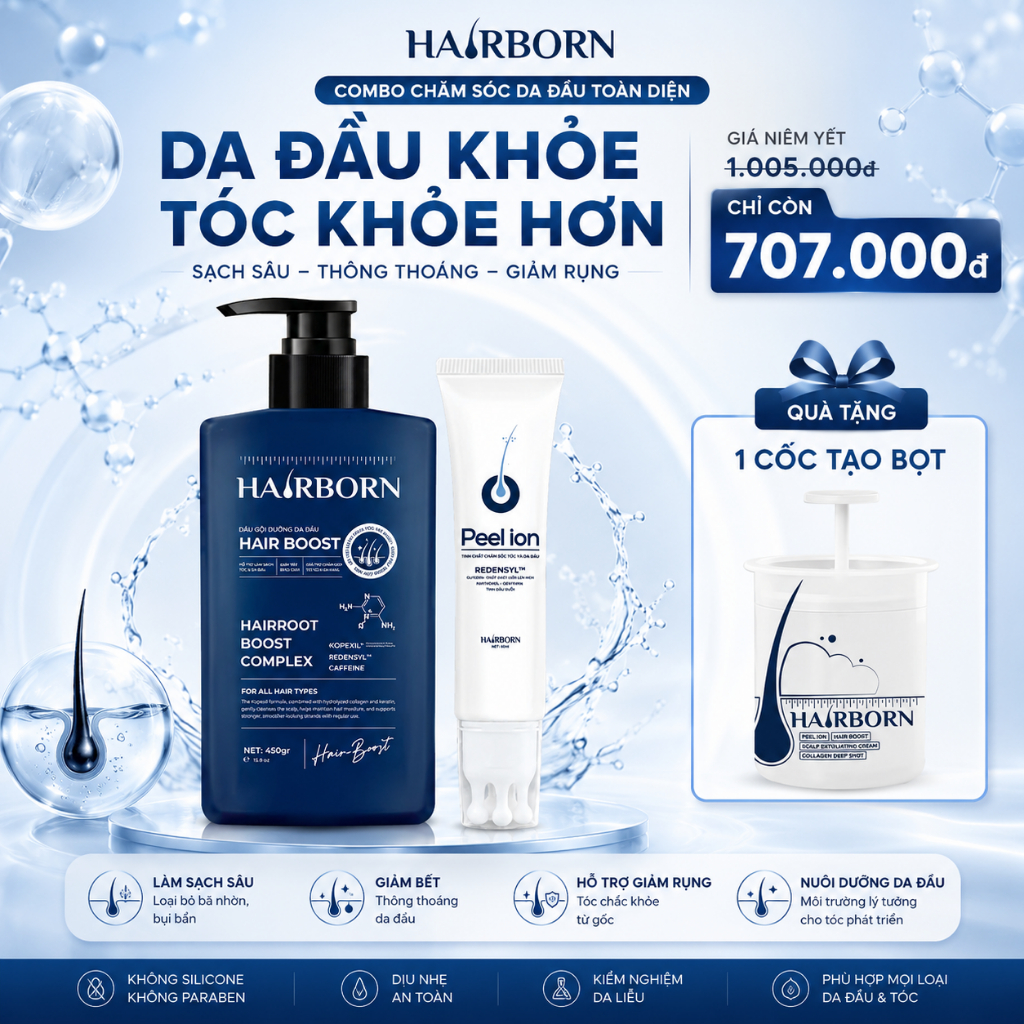 Combo Giảm Rụng & Hỗ Trợ Mọc Tóc Dầu Gội Hair-Boost 450g và Lăn Tóc Hairborn 60g thương hiệu HAIRBORN