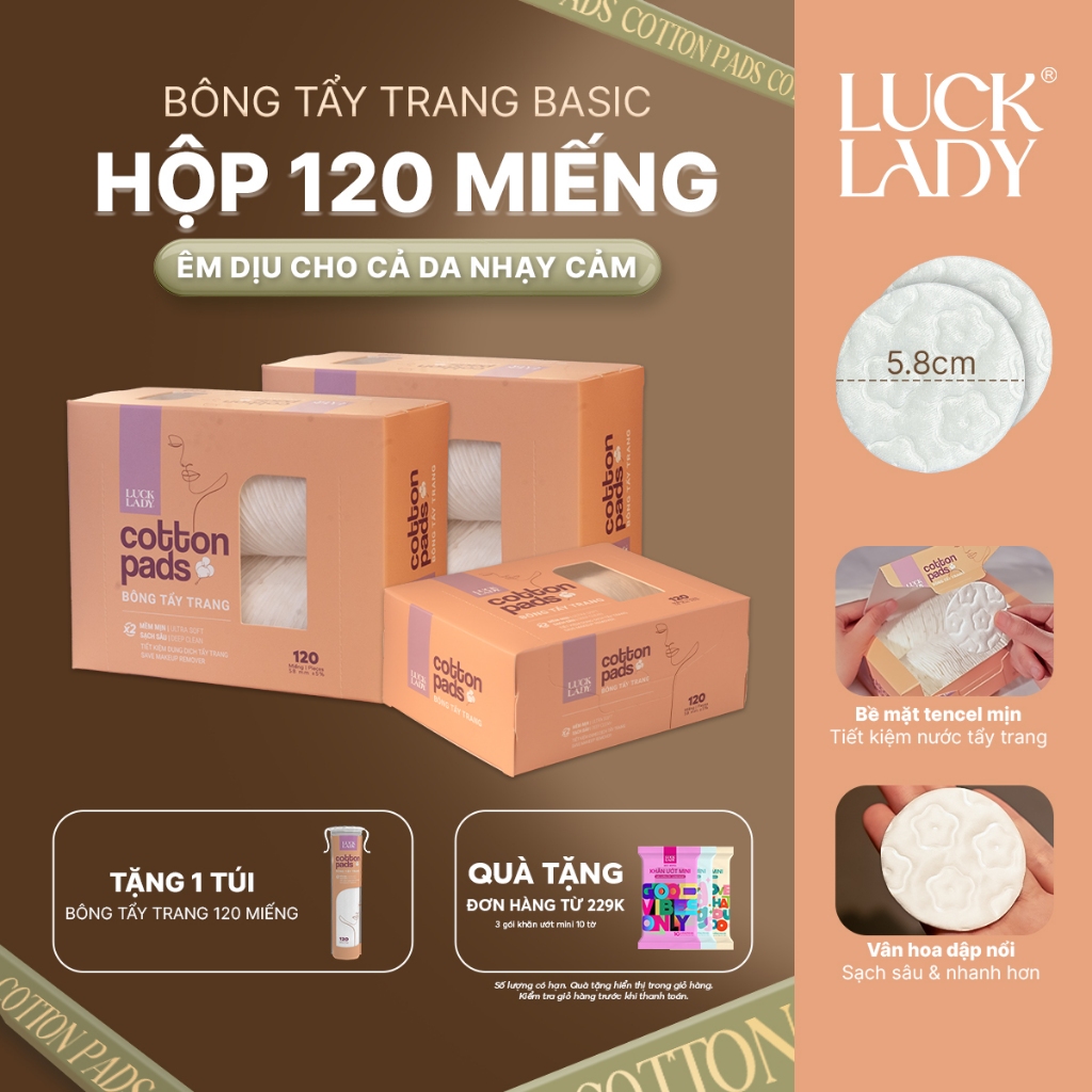 Bông tẩy trang Luck Lady dạng hộp 120 miếng, kích thước bông 58mm, mềm mịn, làm sạch da, an toàn cho da,skincare làm đẹp