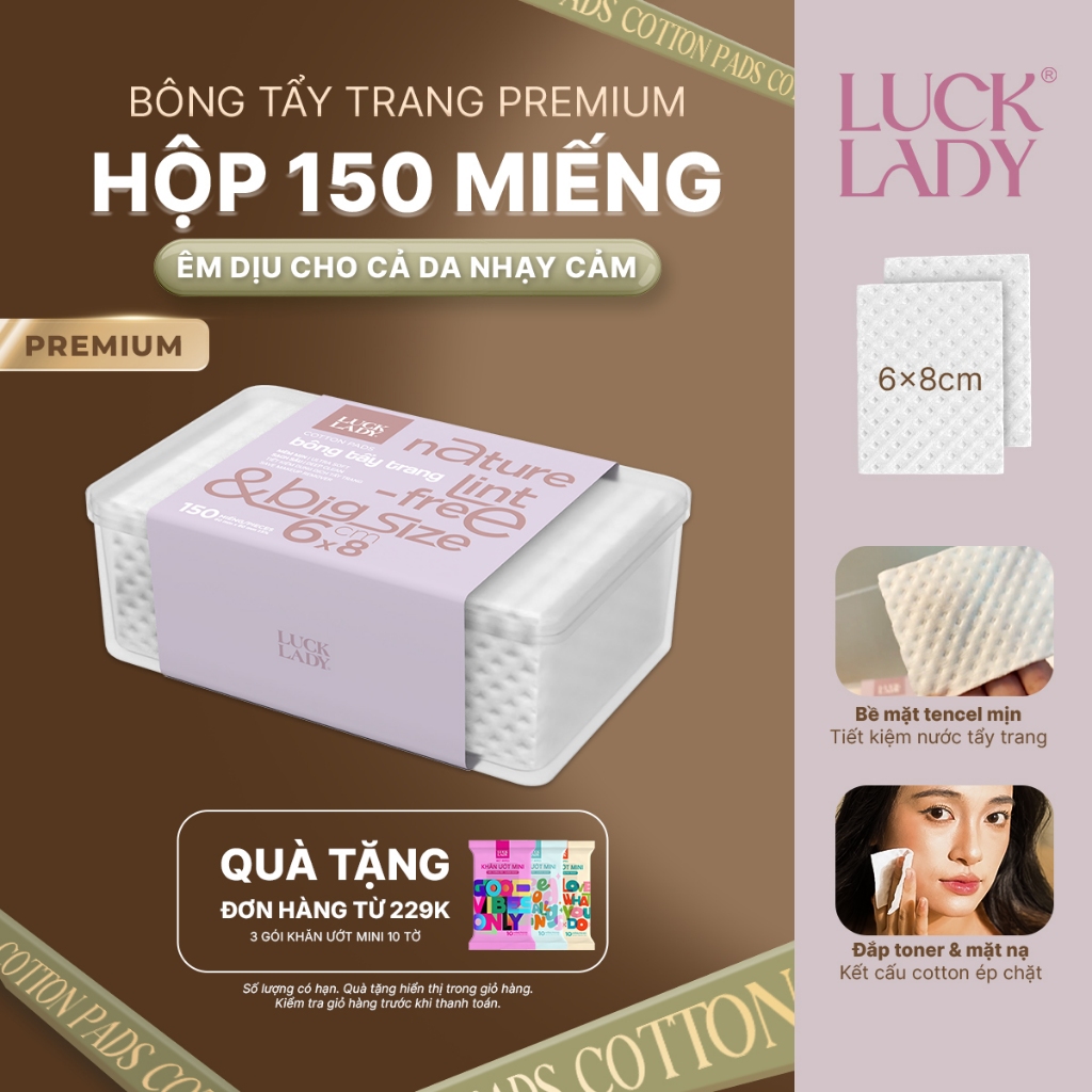 Bông tẩy trang Luck Lady cao cấp dạng hộp nhựa 150 miếng/hộp mềm mịn, làm sạch da kích thước bông 60x80mm