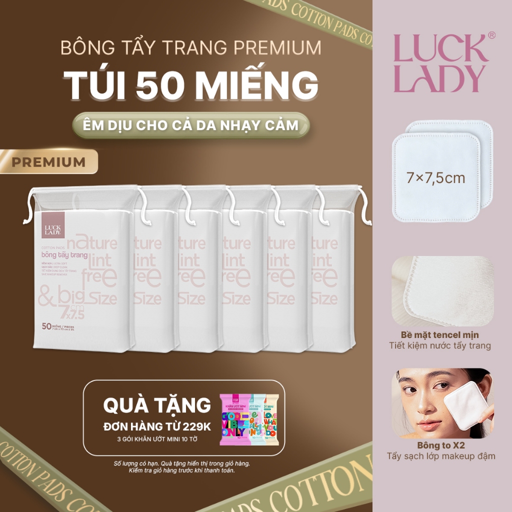 Combo 6 túi bông tẩy trang Luck Lady cao cấp dạng túi rút nhỏ gọn mang đi du lịch 50 miếng/túi, kích thước bông 7x7,5cm