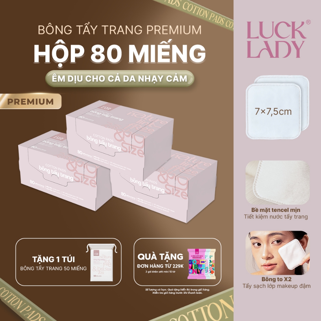 Bông tẩy trang Luck Lady cao cấp dạng hộp giấy 80 miếng/hộp, kích thước bông 7x7,5cm,mềm mịn, làm sạch da,an toàn cho da