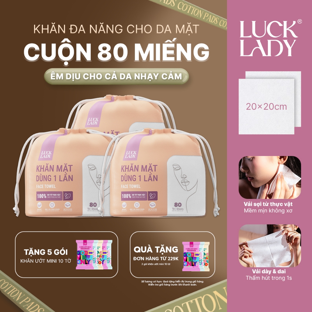 [MUA 3 TẶNG 5] MUA 3 túi khăn giấy, khăn mặt dùng một lần Luck Lady 80 tờ TẶNG 5 gói khăn ướt Luck Lady mini 10 tờ