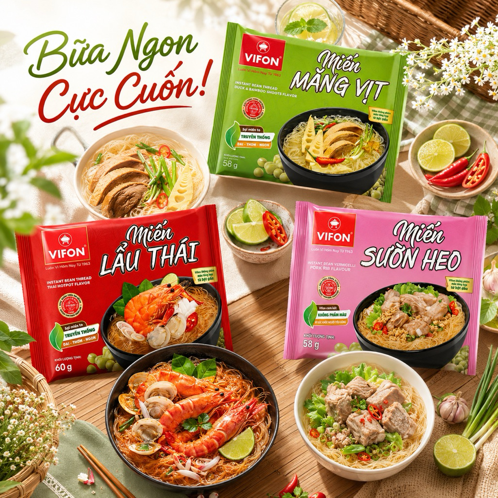 Bộ 3 Miến Ăn Liền Vifon Siêu Ngon Thùng 24 Gói - Nước Dùng Thanh Ngọt, Miến Dai Thơm