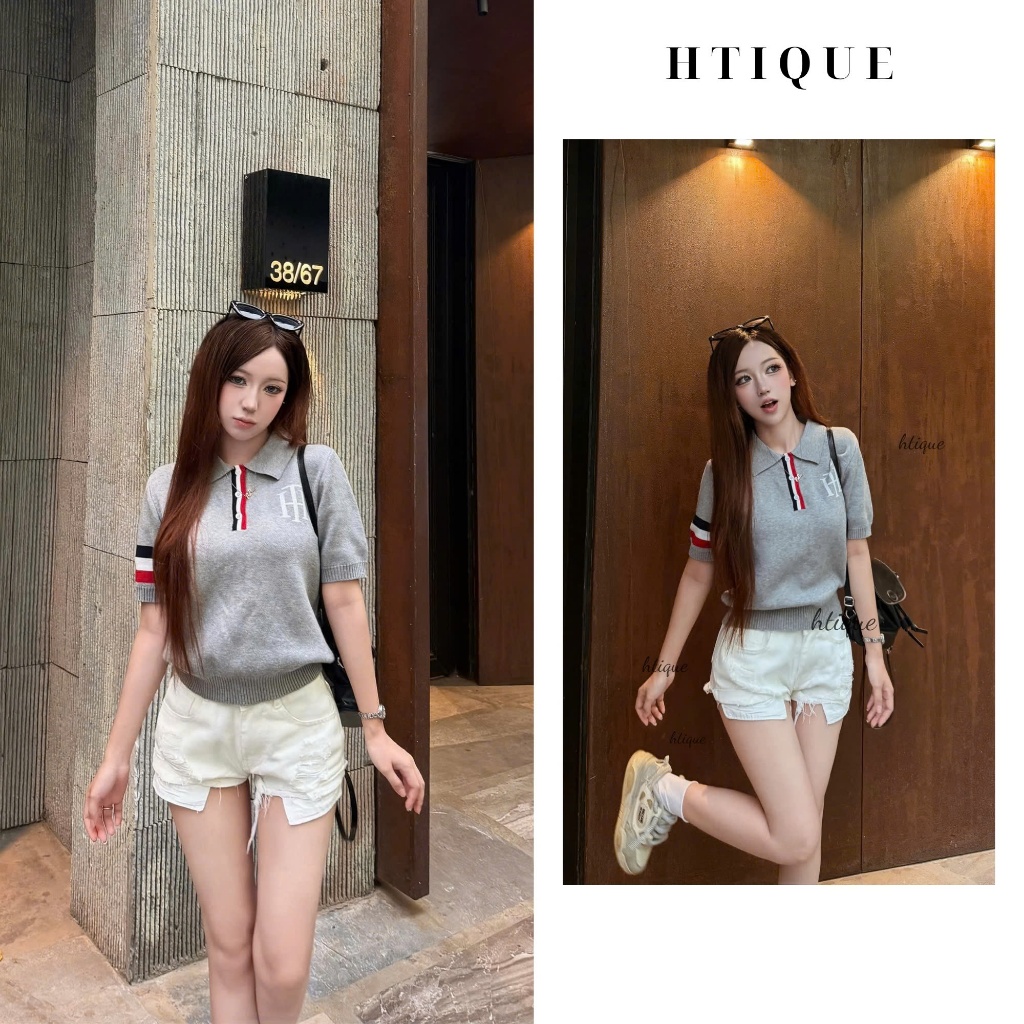 HTIQUE - Ra mắt Áo len polo dệt kim dáng nữ phối viền tay, Áo len HT form nữ năng động basic  LN04