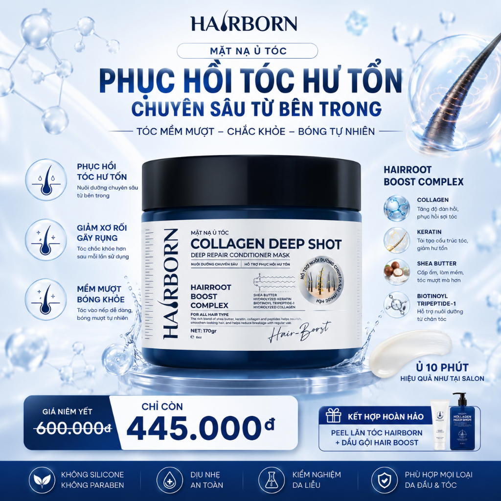 MẶT NẠ Ủ TÓC COLLAGEN DEEP SHOT trọng lượng 200g, Thương hiệu Hairborn, dưỡng tóc suôn mượt mềm mại