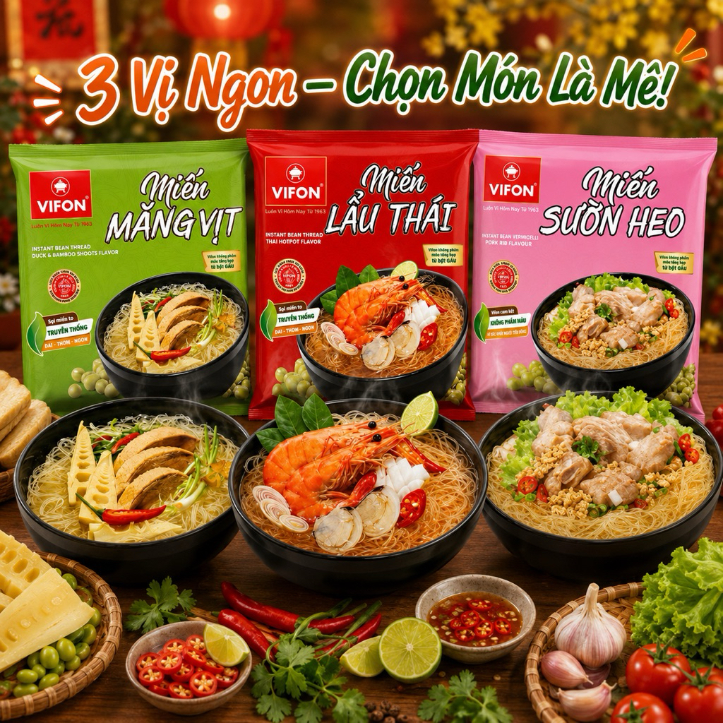 Bộ 3 Miến Ăn Liền Vifon Siêu Ngon Thùng 24 Gói - Nước Dùng Thanh Ngọt, Miến Dai Thơm