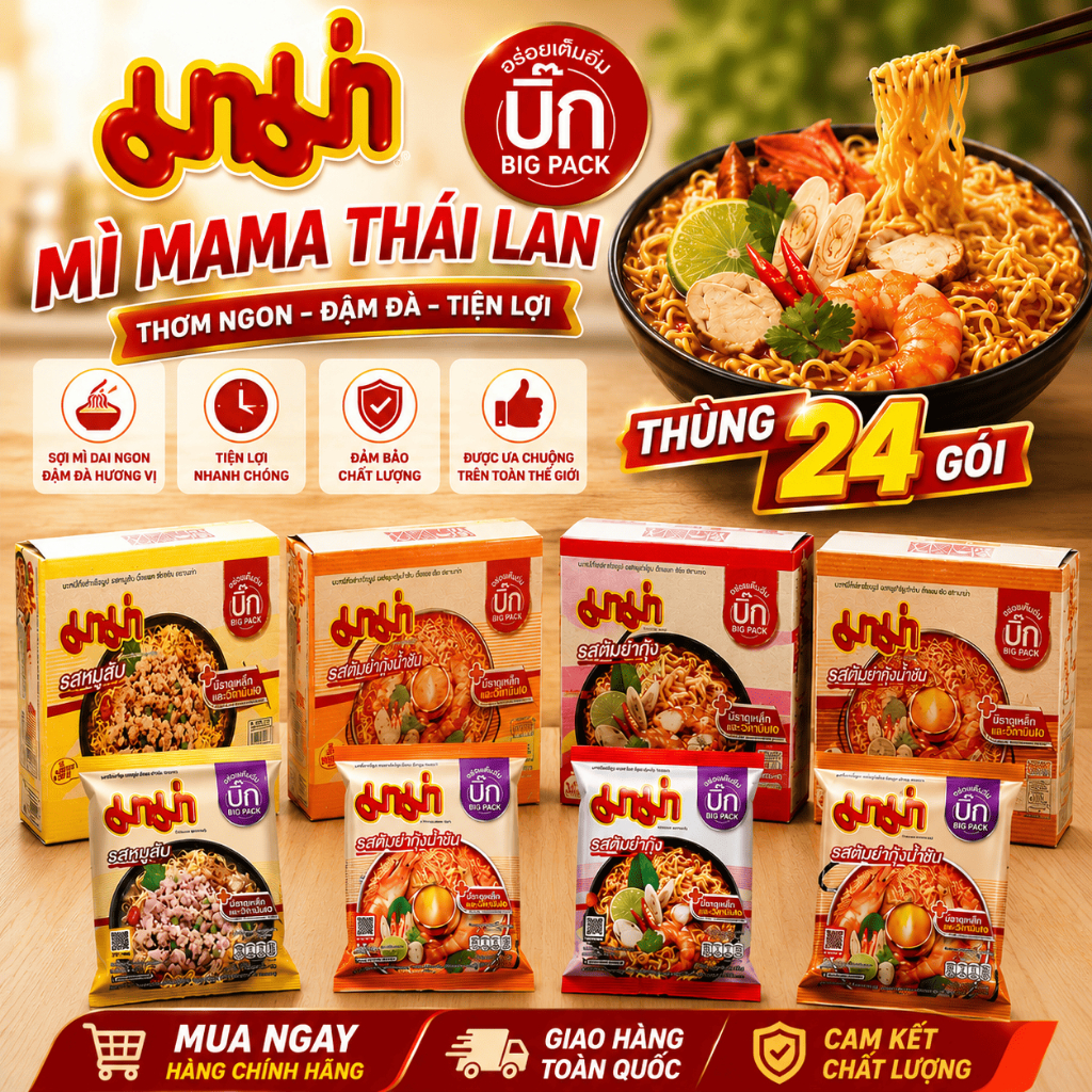 Thùng MÌ MAMA 24 Gói 95G Đủ Vị Thịt Bằm, Tomyum, Lẩu Thái, Mì Ăn Liền