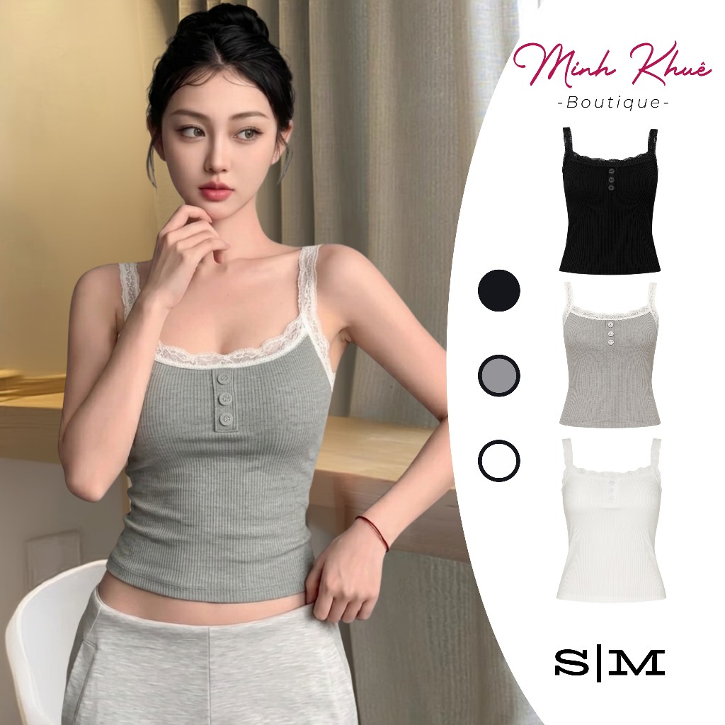 [Mở Bán] Áo Hai Dây Ren Cài Nút Chất Thun Gân Kiểu Sexy Áo Thun Phối Ren Khuy Croptop Ôm Body CR19 Minh Khuê Boutique