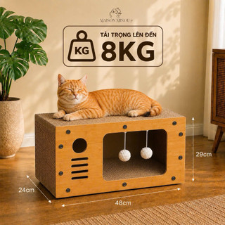 Nhà ngủ biệt thự 2 tầng cho mèo kết hợp bàn cào móng đa năng màu gỗ sồi