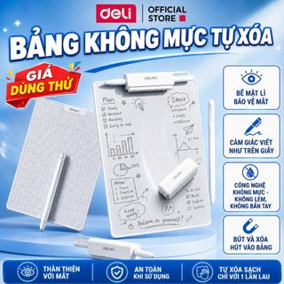 Bảng Tự Xóa Không Mực Deli - Bảng Trơn/ Ô Ly Màn Hình Nhám Kèm Bút Ngòi 0.65mm Viết Như Paperlike, Bảo Vệ Mắt
