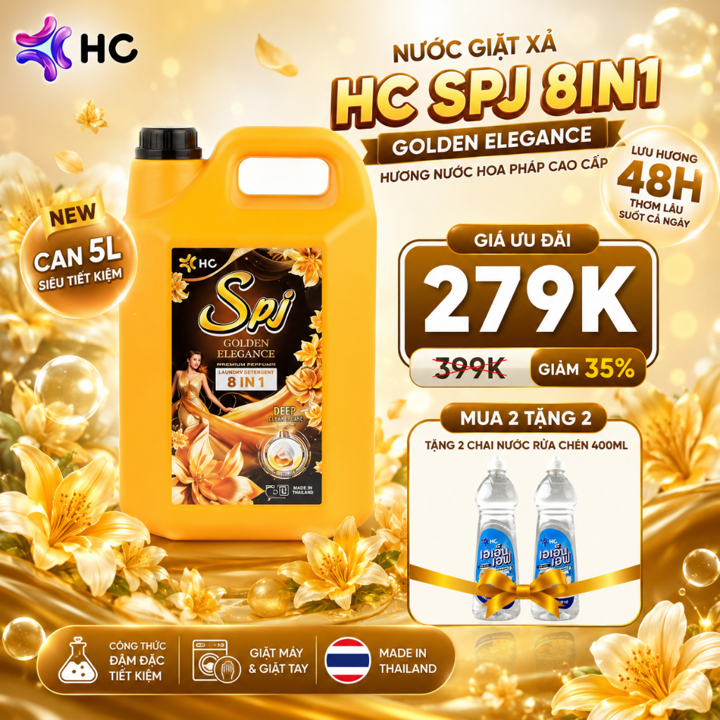 [CAN 5L] Nước Giặt Xả HC SPJ Vàng 8in1 - Bản Mới, Hương Thơm Thanh Lịch, Làm Sạch Sâu, Lưu Hương 48H