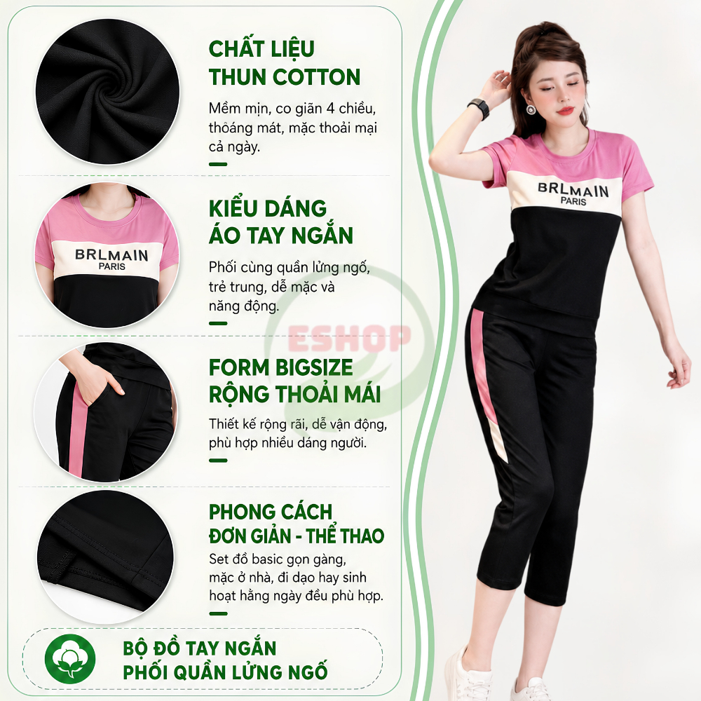 Đồ Bộ Mặc Nhà Nữ Bigsize Thun Cotton Set Ngố Quần Lửng Đẹp, Sang Chảnh Đi Chơi Trung Niên ESHOP AD16