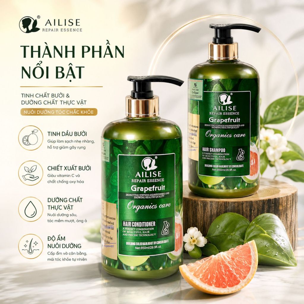 Combo Gội Xả Tinh Chất Bưởi AILISE 800ml | Tóc Mềm Mượt, Bóng Khỏe, Giảm Rụng, Hỗ Trợ Mọc Tóc