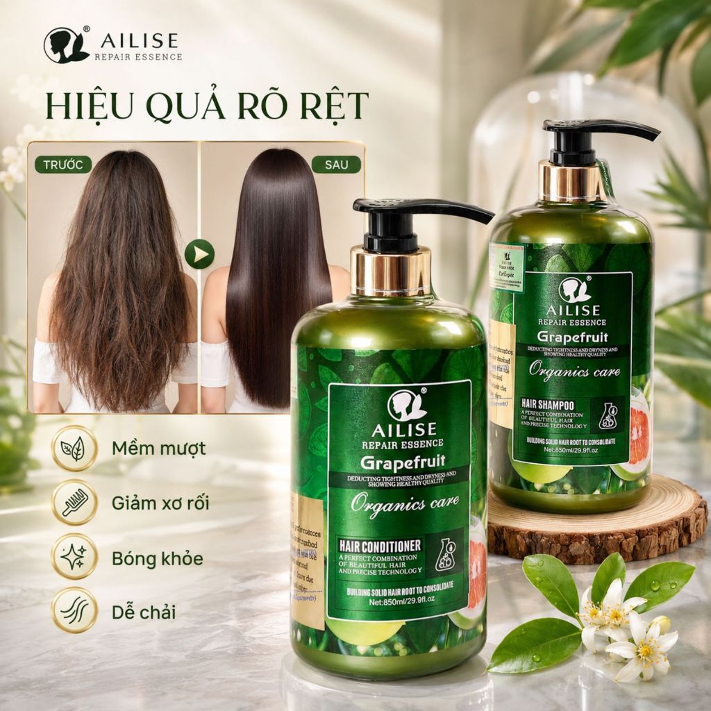 Combo Gội Xả Tinh Chất Bưởi AILISE 800ml | Tóc Mềm Mượt, Bóng Khỏe, Giảm Rụng, Hỗ Trợ Mọc Tóc