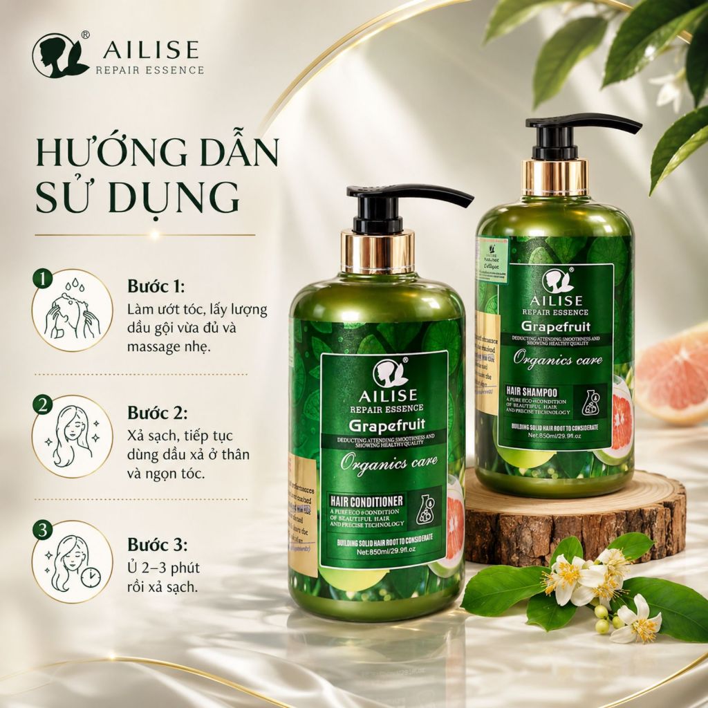 Combo Gội Xả Tinh Chất Bưởi AILISE 800ml | Tóc Mềm Mượt, Bóng Khỏe, Giảm Rụng, Hỗ Trợ Mọc Tóc