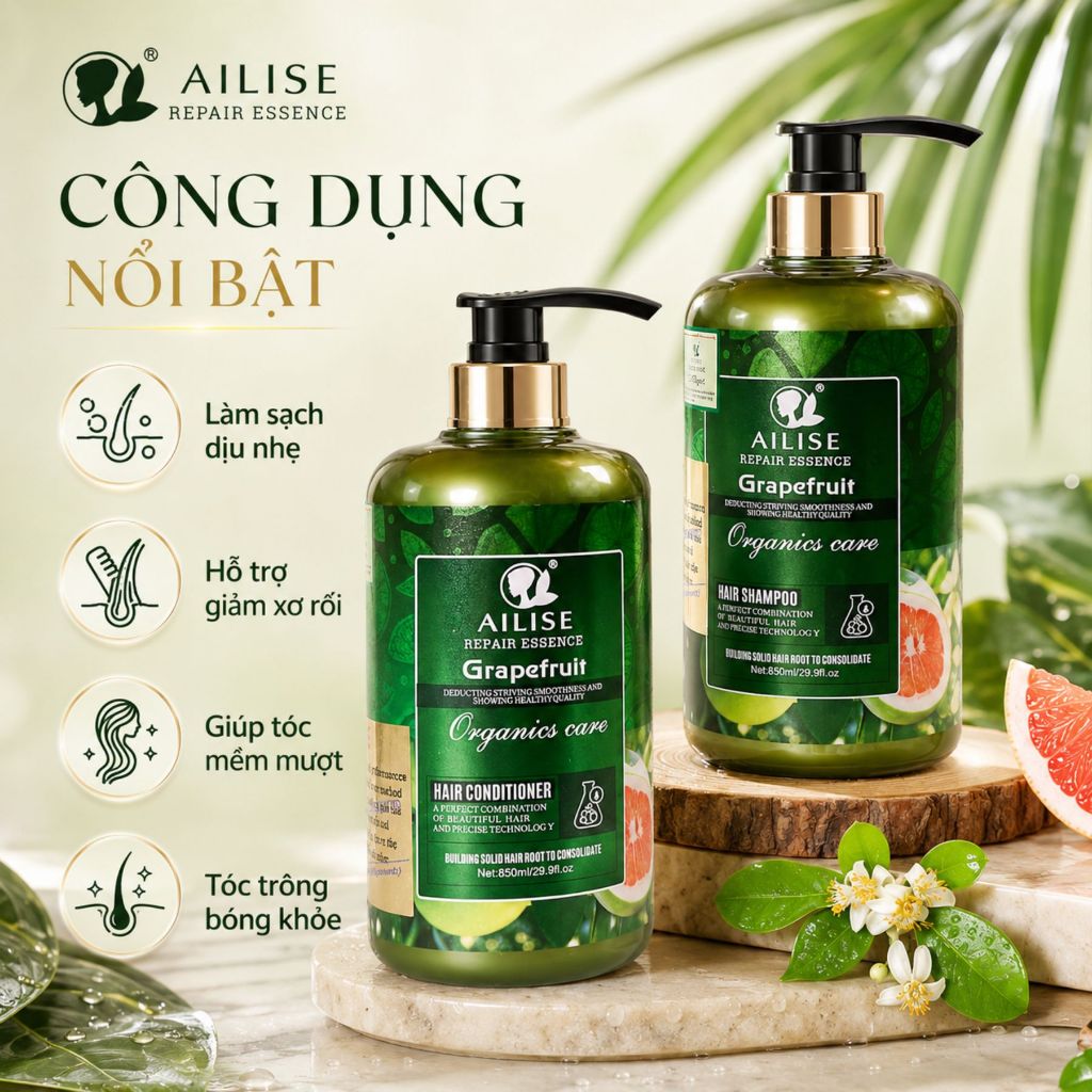 Combo Gội Xả Tinh Chất Bưởi AILISE 800ml | Tóc Mềm Mượt, Bóng Khỏe, Giảm Rụng, Hỗ Trợ Mọc Tóc