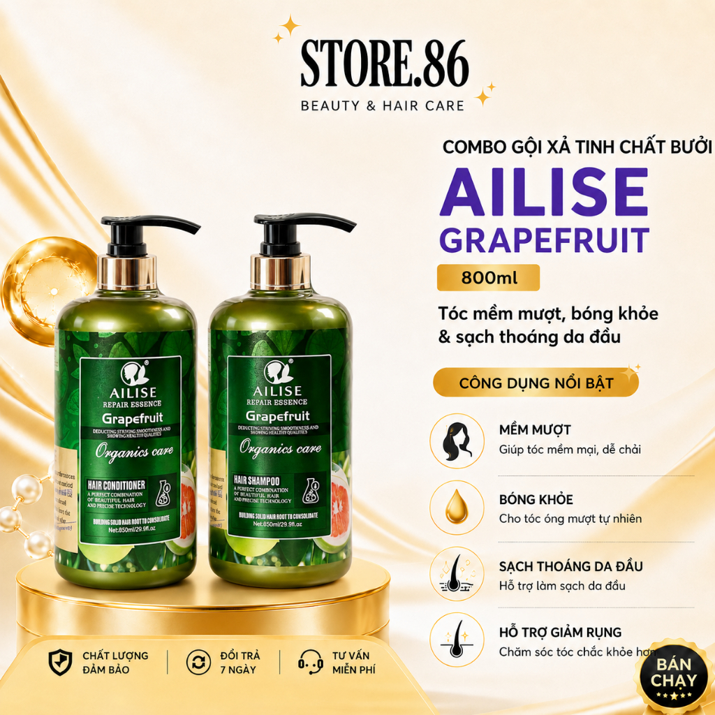 Combo Gội Xả Tinh Chất Bưởi AILISE 800ml | Tóc Mềm Mượt, Bóng Khỏe, Giảm Rụng, Hỗ Trợ Mọc Tóc