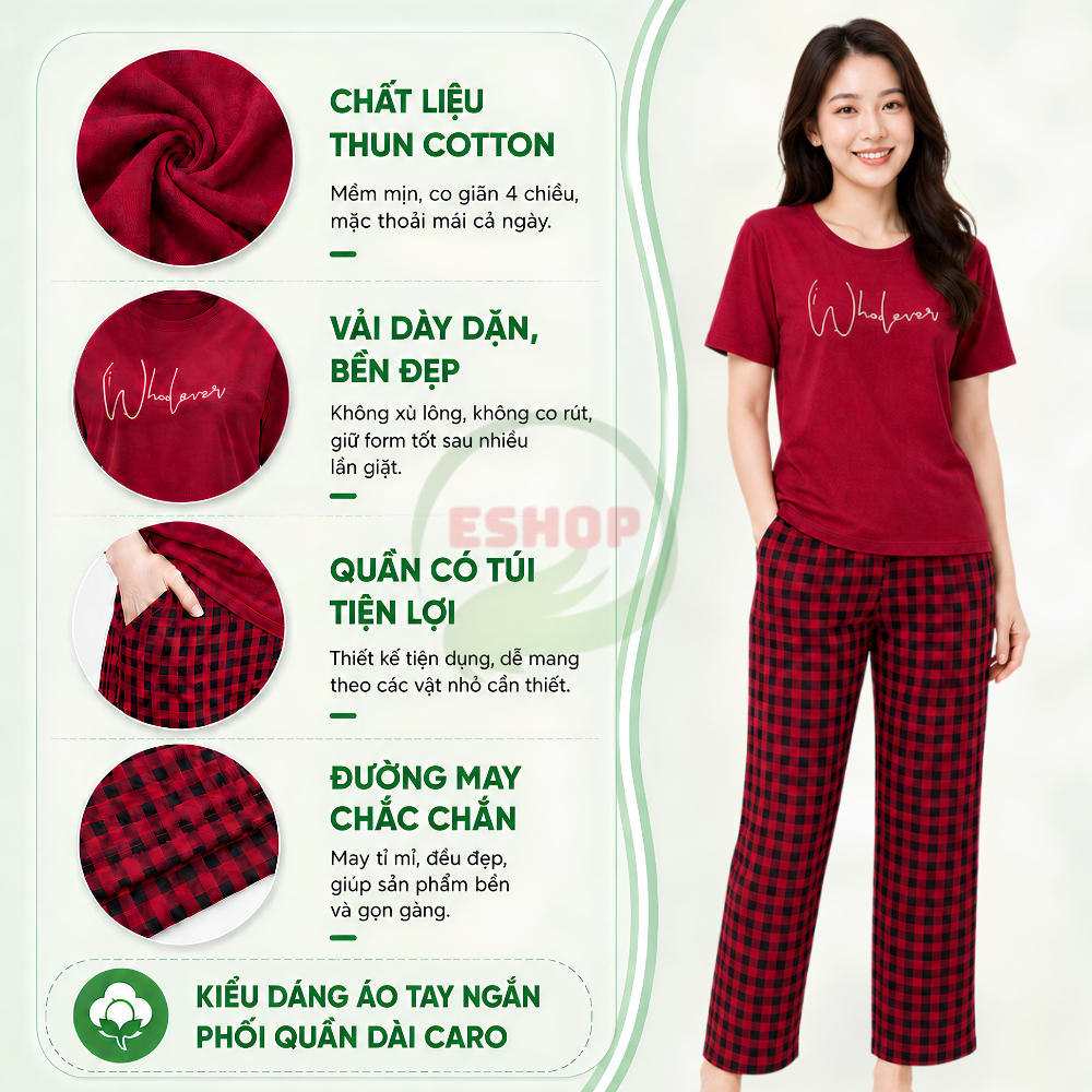 Đồ Bộ Nữ Mặc Nhà ESHOP DB15 Bigsize 43-85kg Áo Tay Ngắn Thun Cotton Quần Dài Caro Dễ Thương
