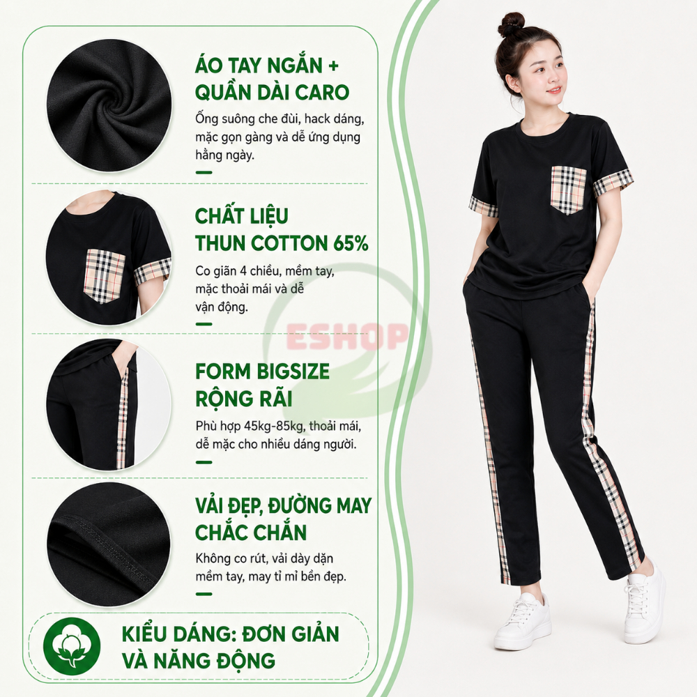 Đồ Bộ Nữ Mặc Nhà ESHOP DB15 Bigsize 43-85kg Áo Tay Ngắn Thun Cotton Quần Dài Caro Dễ Thương