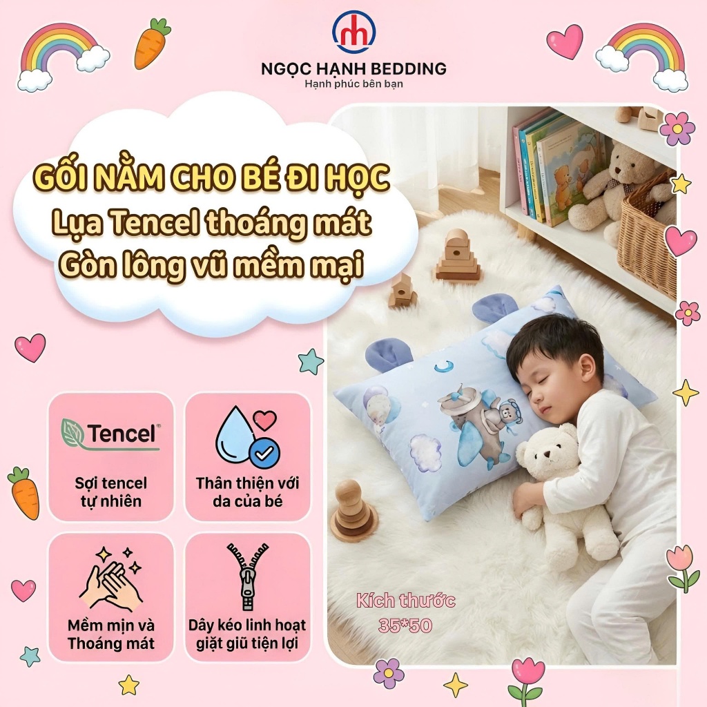 [Đã kèm áo gối] Gối nằm trẻ em đi học Lụa Tencel mát lạnh, Ruột Gối lông vũ mềm mại - Ngọc Hạnh Bedd