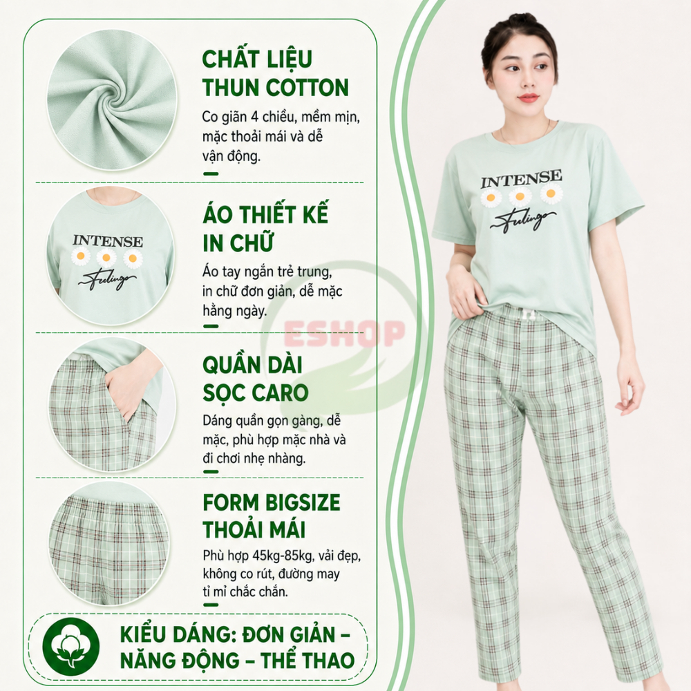 Đồ Bộ Nữ Bigsize 43-85kg Thun Cotton Quần Dài Caro Mặc Nhà Mùa Hè Thể Thao Trung Niên ESHOP DB06