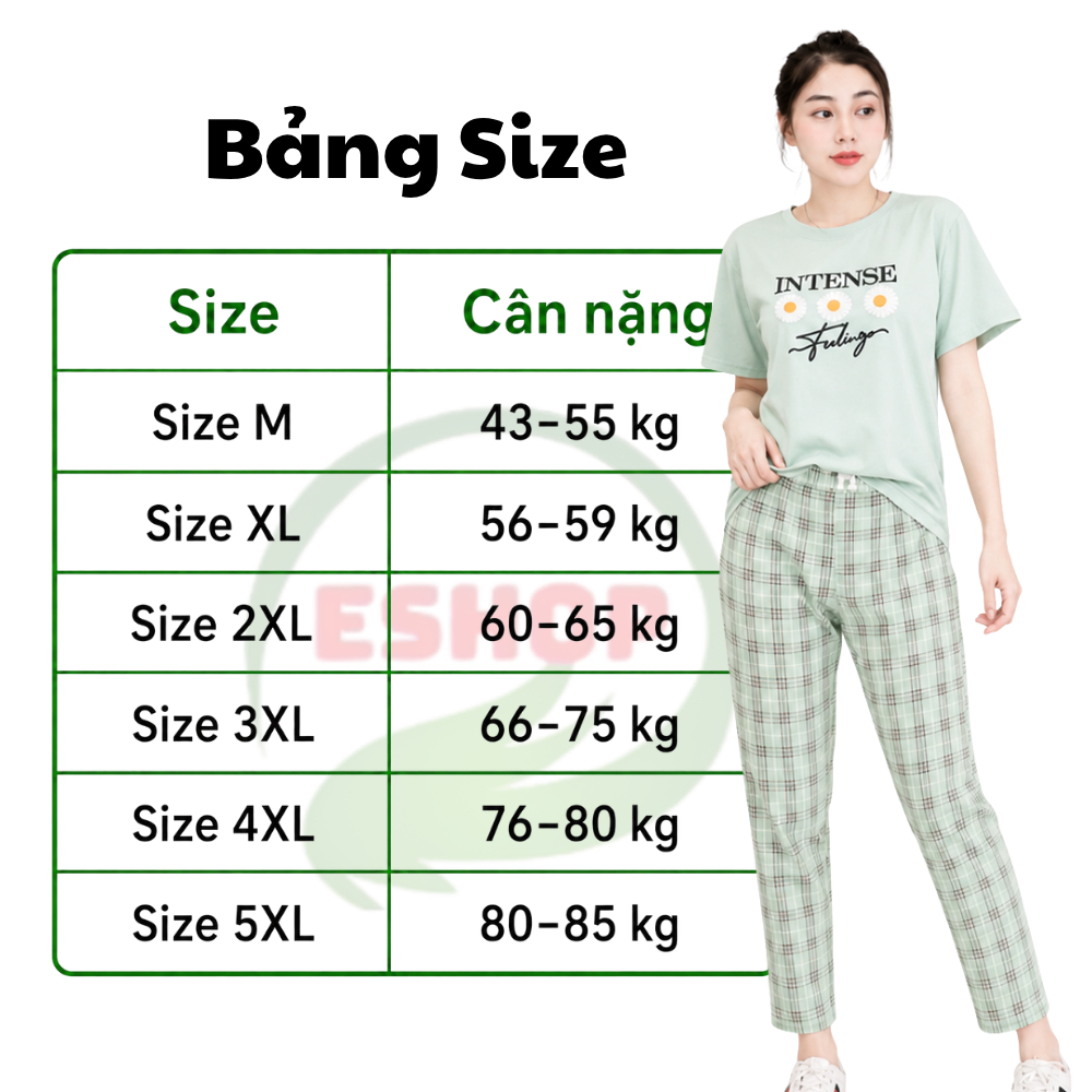 Đồ Bộ Nữ Bigsize 43-85kg Thun Cotton Quần Dài Caro Mặc Nhà Mùa Hè Thể Thao Trung Niên ESHOP DB06