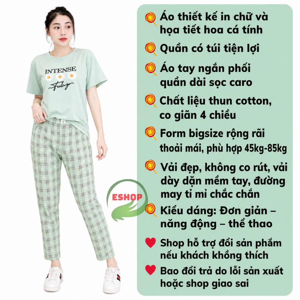 Đồ Bộ Nữ Bigsize 43-85kg Thun Cotton Quần Dài Caro Mặc Nhà Mùa Hè Thể Thao Trung Niên ESHOP DB06