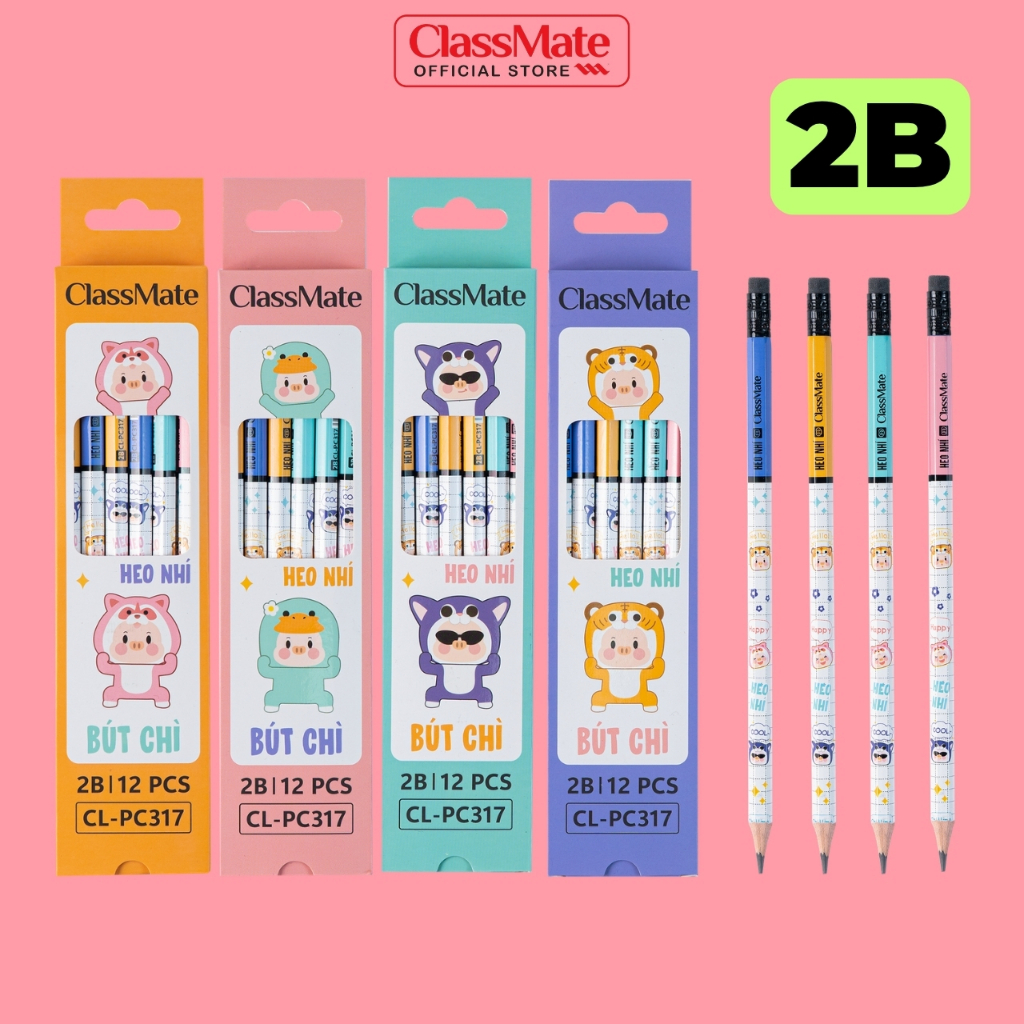 Hôp 12 Bút Chì Heo Nhí CLASSMATE Bút Chì 2B, Chì Gỗ Có Tẩy, Nét Bút Mịn, Ăn Giấy, Bé Tập Viết, Nhạy Máy Chấm Thi PC317