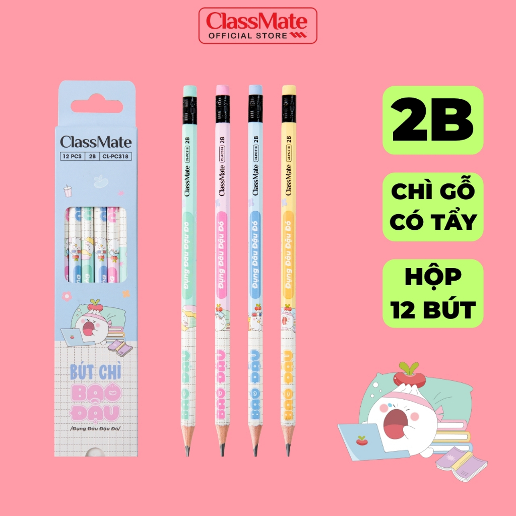 Hộp 12 Bút Chì Bao Đậu Classmate Bút Chì 2B Có Tẩy Chì Mịn Ăn Giấy, Bé Tập Viết, Tô Trắc Nghiệm Nhạy Máy Chấm Thi PC318