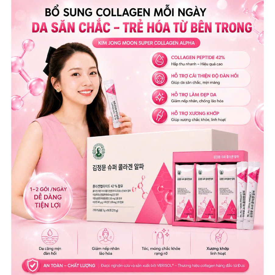 SUPER COLLAGEN ALPHA 90 Gói  Collagen Peptide VERISOL Đức, Hỗ Trợ Đẹp Da, Tăng Độ Đàn Hồi, Dưỡng Ẩm