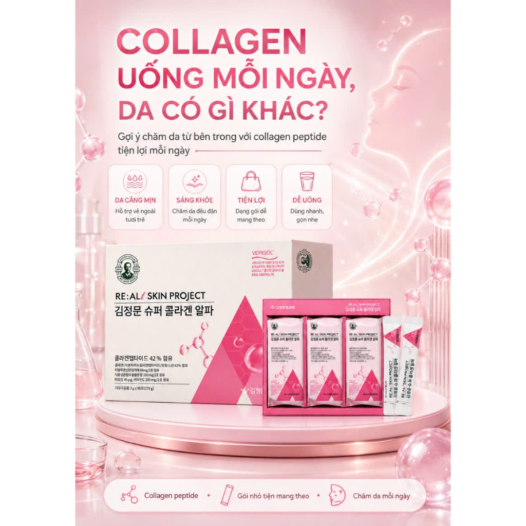 SUPER COLLAGEN ALPHA 90 Gói  Collagen Peptide VERISOL Đức, Hỗ Trợ Đẹp Da, Tăng Độ Đàn Hồi, Dưỡng Ẩm
